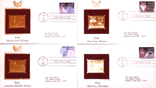 Cats - COMPLETE SERIES OF ALL 4! 1988 22kt Golden Replica Stamps - Gold Replica