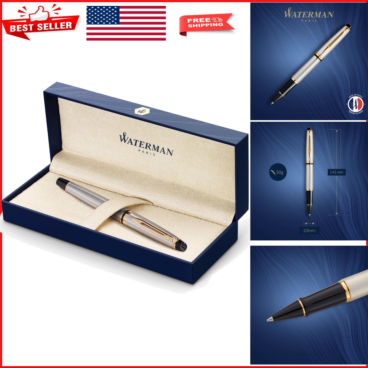 Expert Rollerball Pen: Ergonomic Stainless Steel with Fine Point & 23k Gold Trim