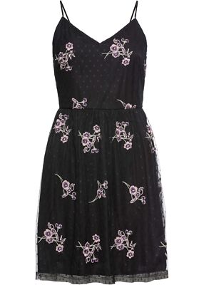 Kleid mit Blumenstickerei Gr. 42 Schwarz Damenkleid Minikleid Cocktailkleid Neu