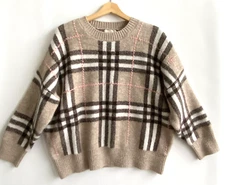 MISS STUDIO Beige Plaid Fluffy Sweater Pink Stitch Accent Size M