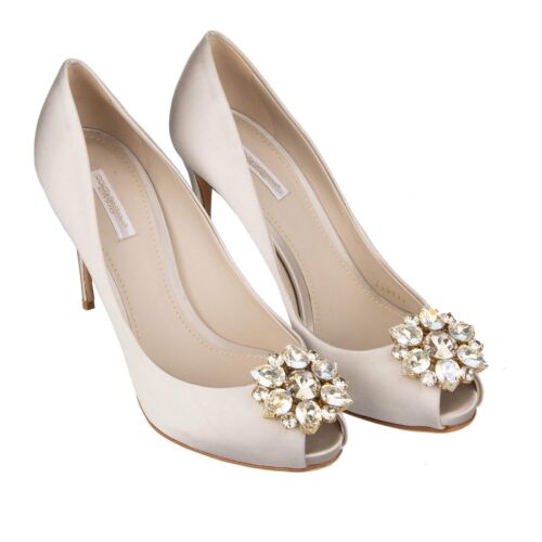 DOLCE & GABBANA Peep Toe Pumps Heels BETTE Brooch Pearl White 39.5 US 9.5 12035 - Picture 1 of 7
