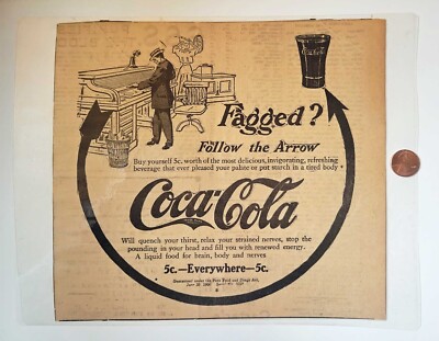  circa 1906 Coca Cola 5¢ Coke ''Fagged follow the arrow'' Newspaper ad Laminated