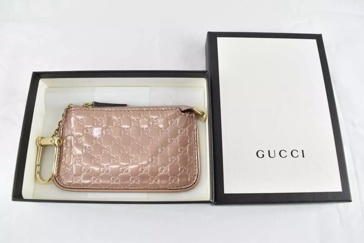 Auth Gucci Coin Purse MINI WALLET KEY RING GG Pink Patent Leather Italy