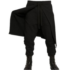 Men Gothic Black Baggy Drape Layering Pants Wrap Skirt Trouser Punk Boho Fashion