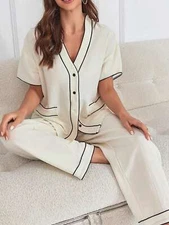 Women's Short Sleeve Button-Down Pajama Set With Contrast Piping
