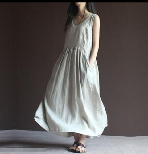 Womens Vintage Linen Cotton Loose Maxi 