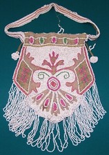 ESTATE Art DECO Antique Purse WHITE PINK GREEN BEADED Satin Lined Fringe Handle