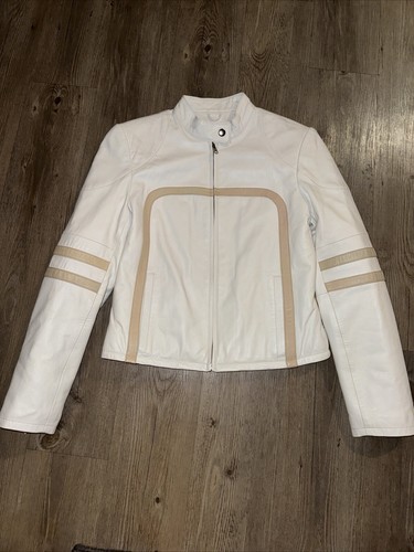Vintage Wilsons Maxima Leather Jacket Womens Small White & Tan Moto Cafe Racer