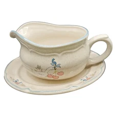 Vintage International China Gravy Boat & Plate w/Goose & Cherries Design Japan