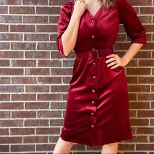 Vintage holiday Christmas button down belted red velvety midi dress small