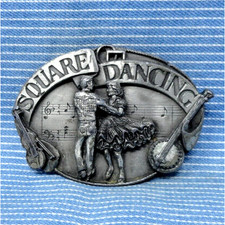 Square Dancing Belt Buckle Western Fiddle Banjo Country Music Vtg 80s .TYC283