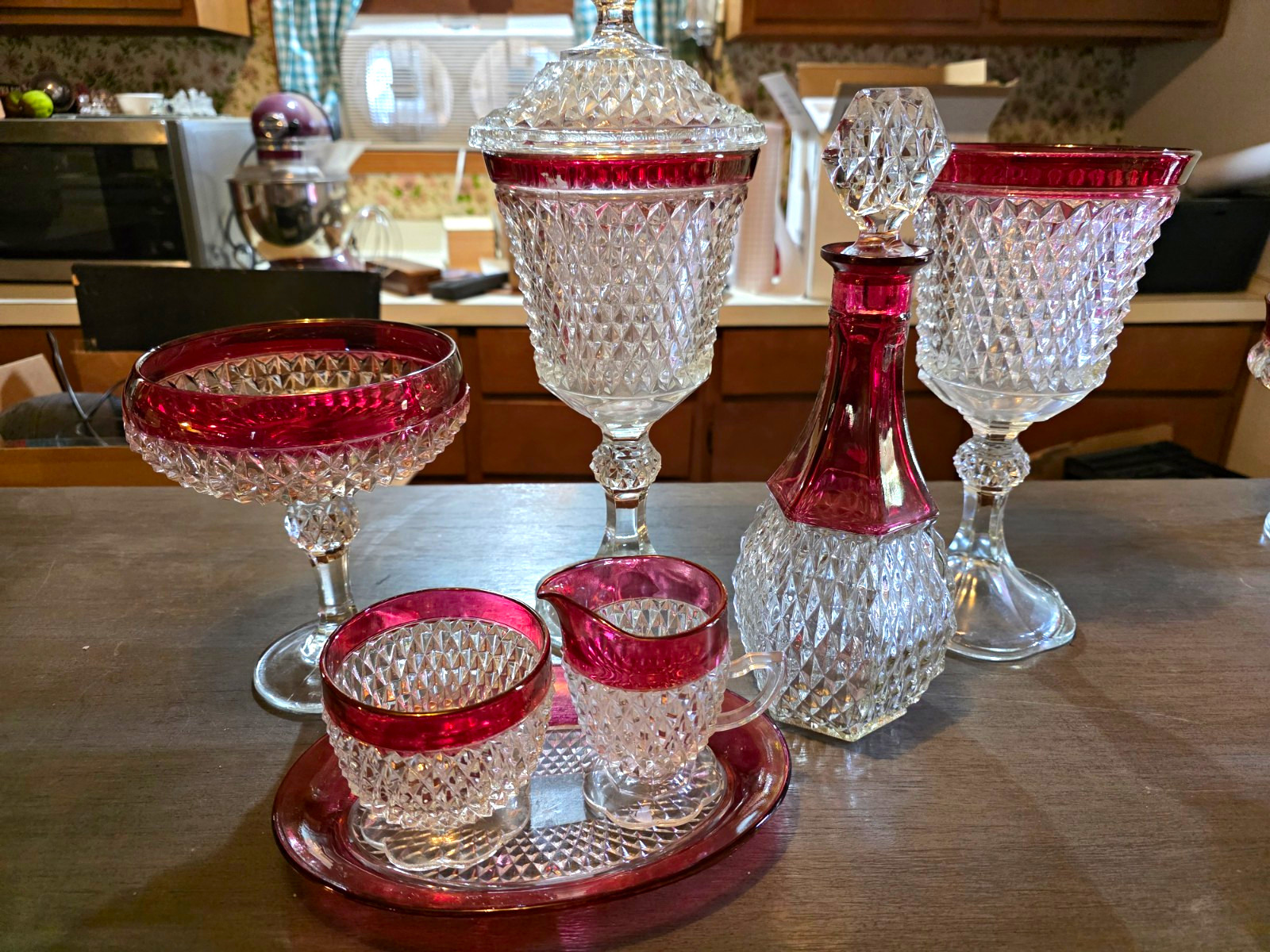 9 Pc Indiana Glass Diamond Point Ruby Flash Glassware Pieces