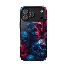For iPhone / Galaxy / Pixel   Red Blue Skulls Synth Wave Phone Case