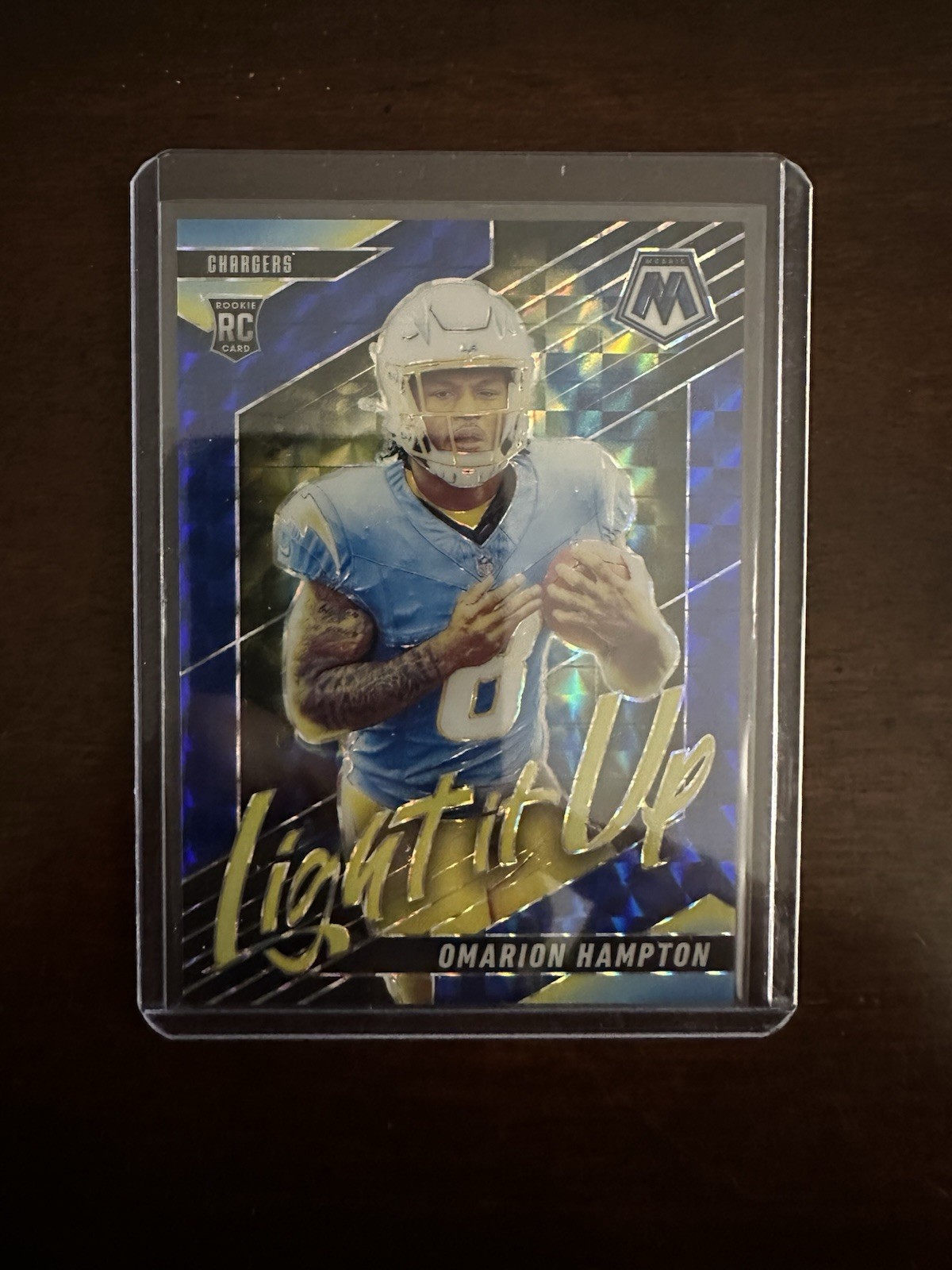 2025 Panini Mosaic #12 Omarion Hampton Light It Up Blue Mosaic RC /99 Chargers