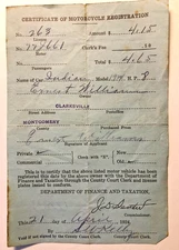 1924 8 H. P. Indian Motorcycle Certificate of Registration Clarksville Tennessee