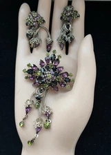 Alice Caviness Vintage Brooch & Earring Set With Purple And Green Rhinestones