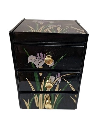 Vtg Japanese Black Laquer Jewelry Box Purple Iris Mirror 3 Small Drawers