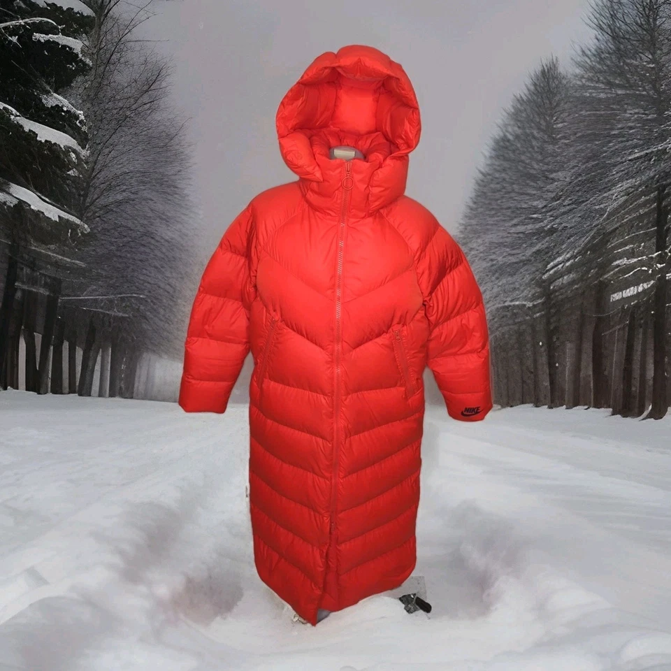 Nike Down Puffer Coat Full Long Ankle Length Jacket Womens Medium Red Winter - Image 3 of 4