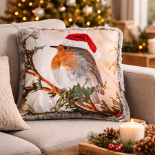 MONT CHALET LED Kissen Rotkehlchen 45x45cm Kunstfell 6h Timer