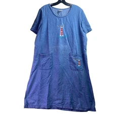 Vintage Blair Dress Womens Large Denim Lighthouse Embroidered Beachy Coastal