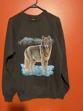 Vintage 80s Wolf Mountains Screen Stars Sweatshirt XL Black Nature Made In USA