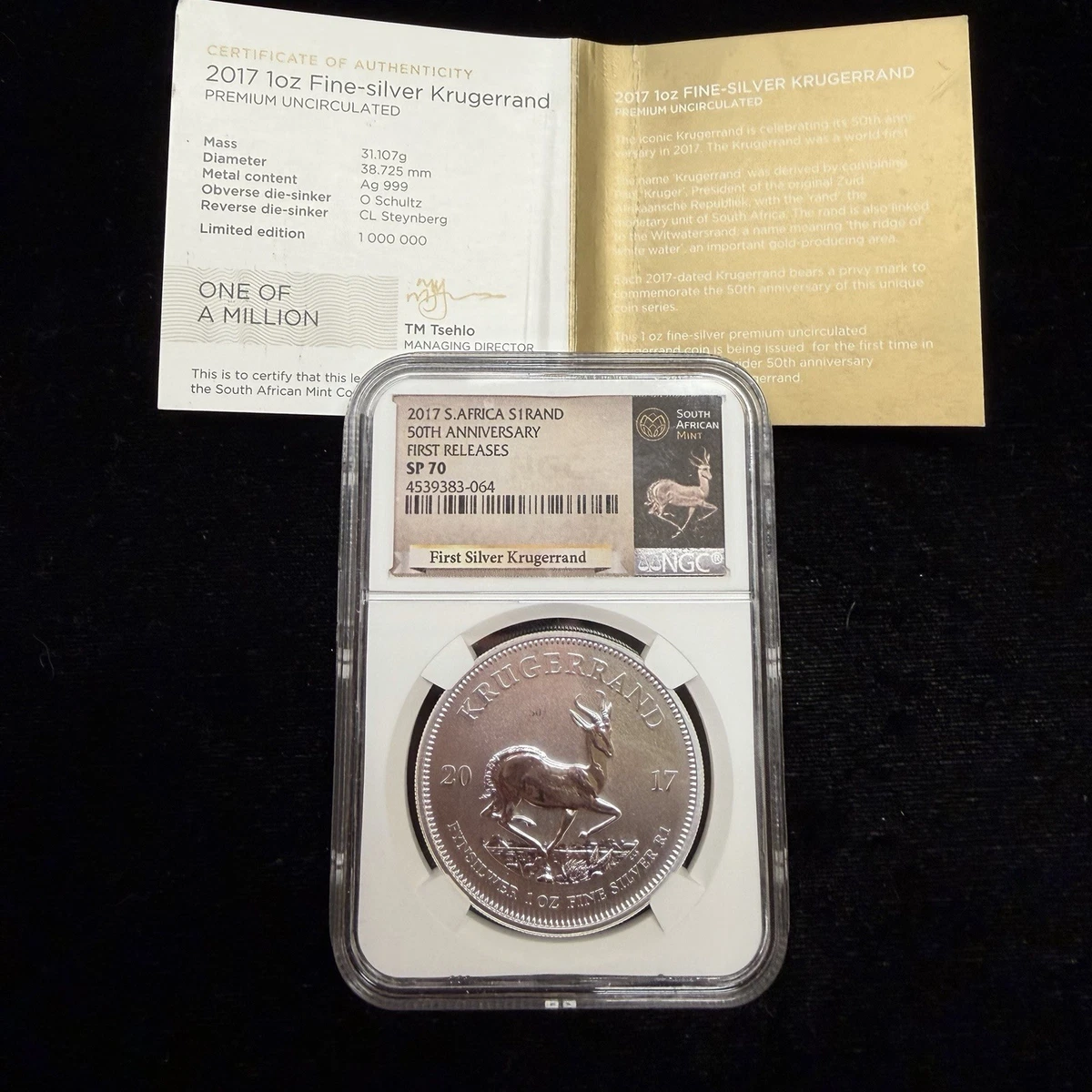 2017 S. Africa 1oz Silver KRUGERRAND 50th Anniversary NGC SP70