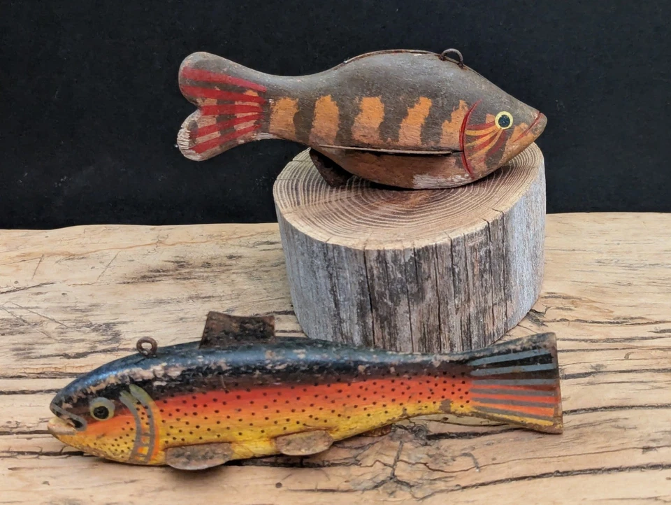 Lot of 2 Carved Ice Spear Fishing Lure Decoys Sunfish, Rainbow Trout Great Lakes - Image 4 of 4