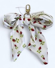 White Red Floral Bow Key Chain Key Ring, Gold Tone Clip, Metal Fabric Women