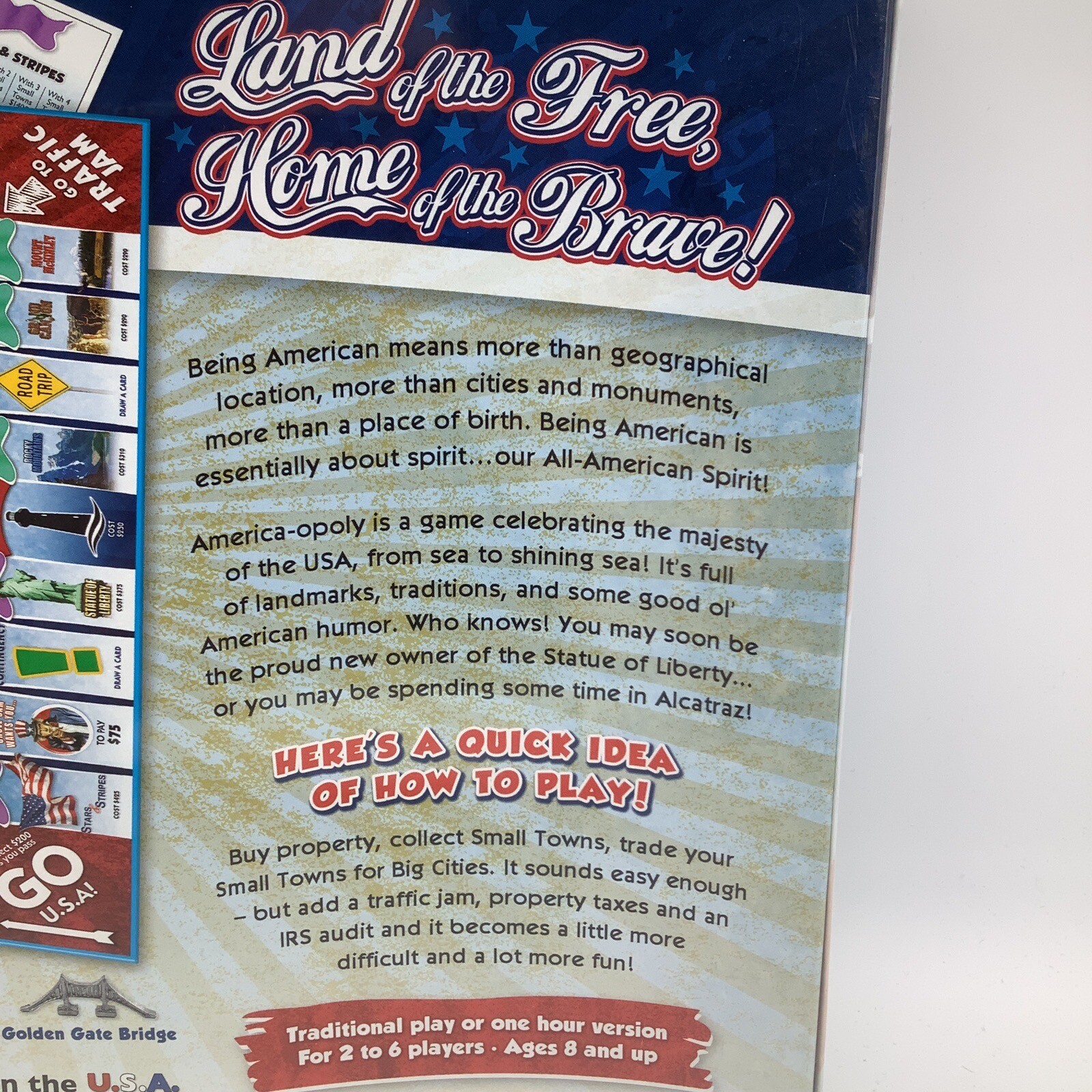 America-Opoly board game box with red/white flag, “Land of the Free,” “Home of the Brave,” and colorful game board.