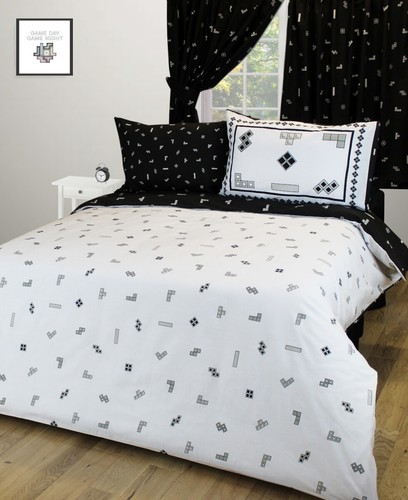 TETRIS MONOCHROME DUVET COVERS OR CURTAINS TETROMINO GAME WHITE BLACK GREY RETRO - Picture 1 of 10