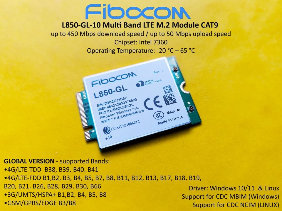 4G LTE Modem Fibocom L850-GL CAT9 450Mbps NGFF M.2 Windows Linux Intel XMM7360