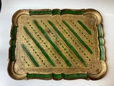 Vintage Green and Gold Florentine Tray Made In Italy 14.5" x 12.5"