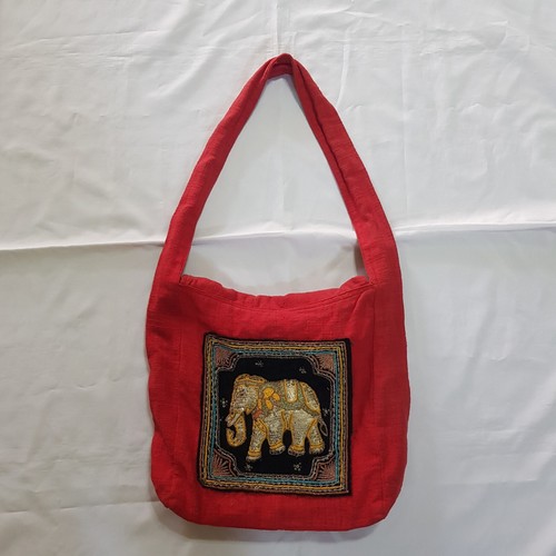 Beaded Embroidery Elelphant Figure Shoulder Bag Red Cotton Fabric Unisex Item
