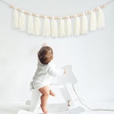 White Yarn Tassel Banner - Cream Wood Bead Garland Boho