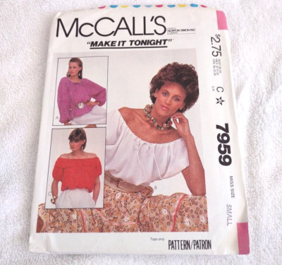 McCalls Misses Top Pattern 7959 Size Small 10-12 From 1982