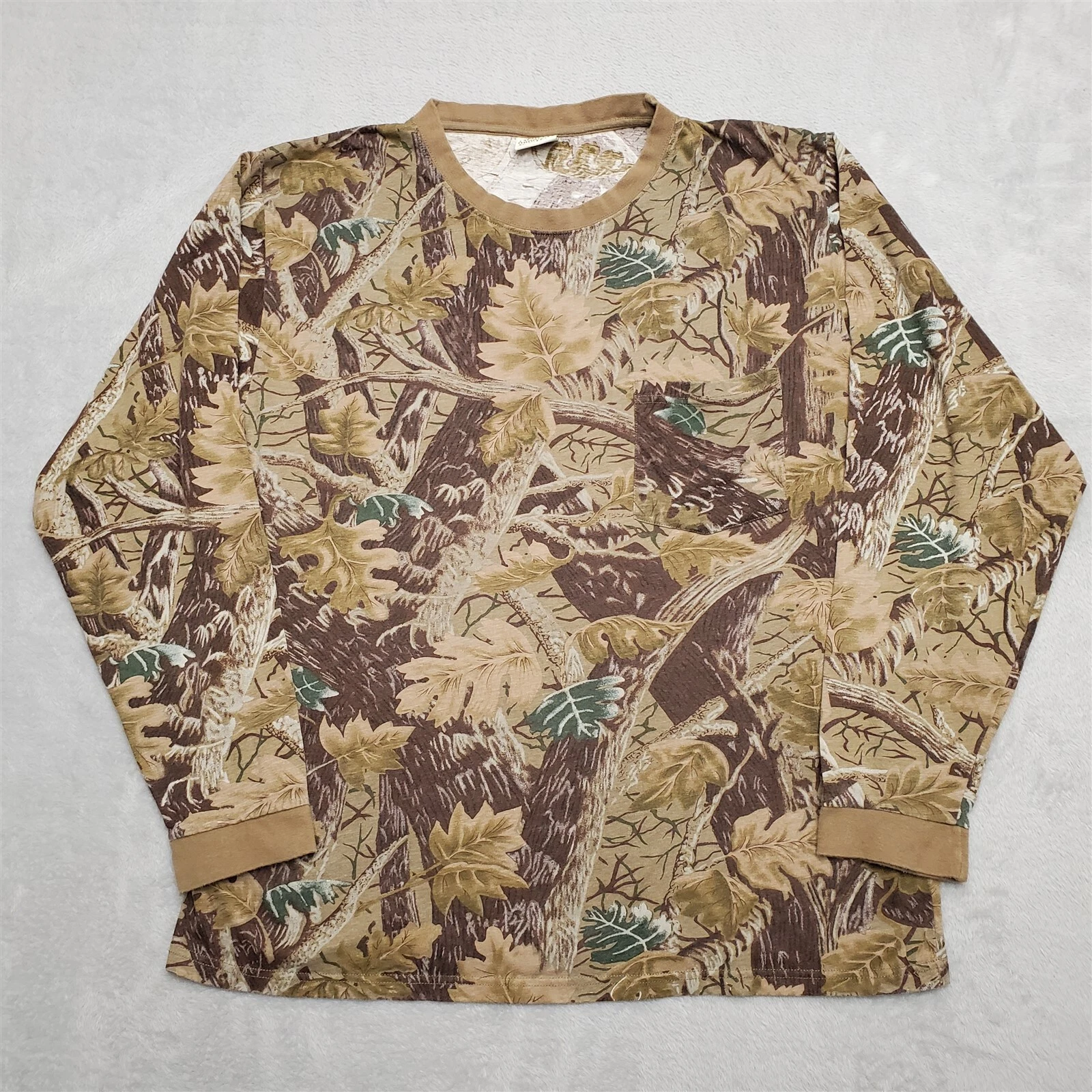 VTG North Point Shirt Mens XL Brown Green Hardwood Timber Camo Hunting Camp TEE