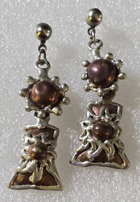 Vintage Artisan Made Crafted Copper Silver Sun Style Drop Pierced Earrings