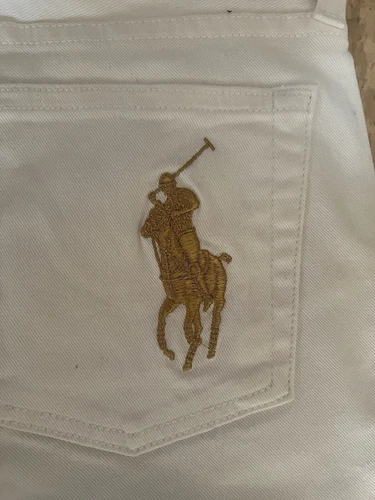 COLLECTION RUNWAY BLACK LABEL NWTGS BOOT CUT WHITE JEANS GOLD THREAD PONY SZ 30