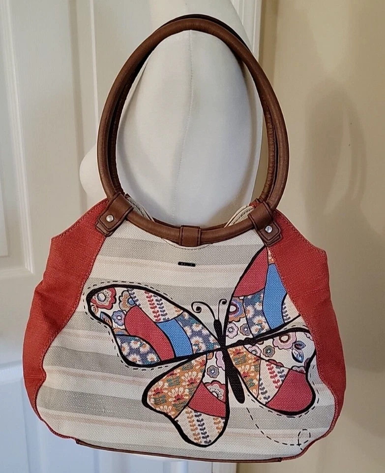 Cartera Reliquia Mariposa Cartera de Hombro Lona Anillo Asas Múltiples Bolsillos Naranja Foto 2 de 4