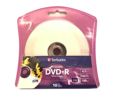 10-pk Verbatim White Inkjet Printable DVD+R - Non-Hub 16x 4.7GB 120 mins #96940