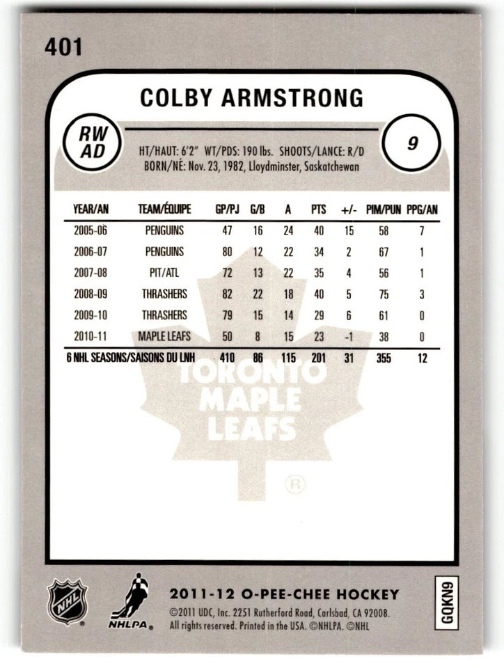 Colby Armstrong 2011-12 O-Pee-Chee Rainbow #401 Toronto Maple Leafs - Image 2 of 2