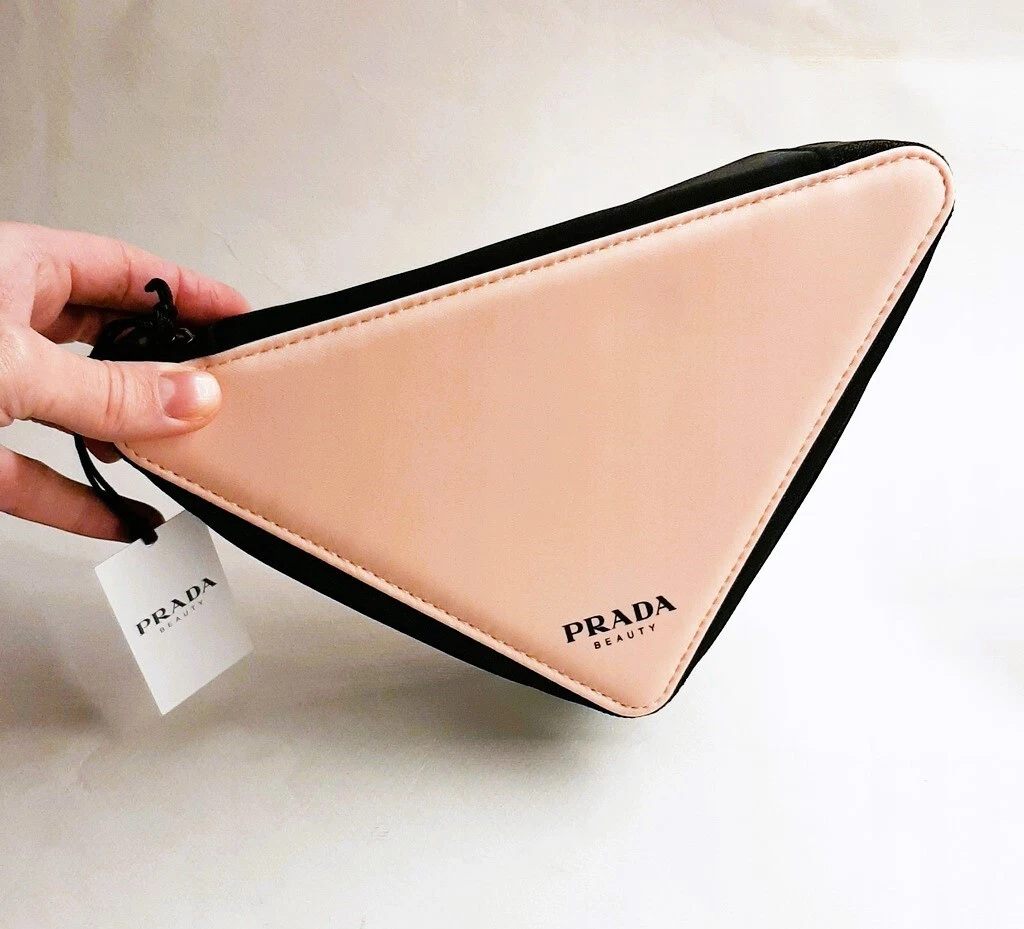 PRADA Beauty Triangle Crossbody Chain Bag Pink Logo Makeup Cosmetic Pouch  Purse