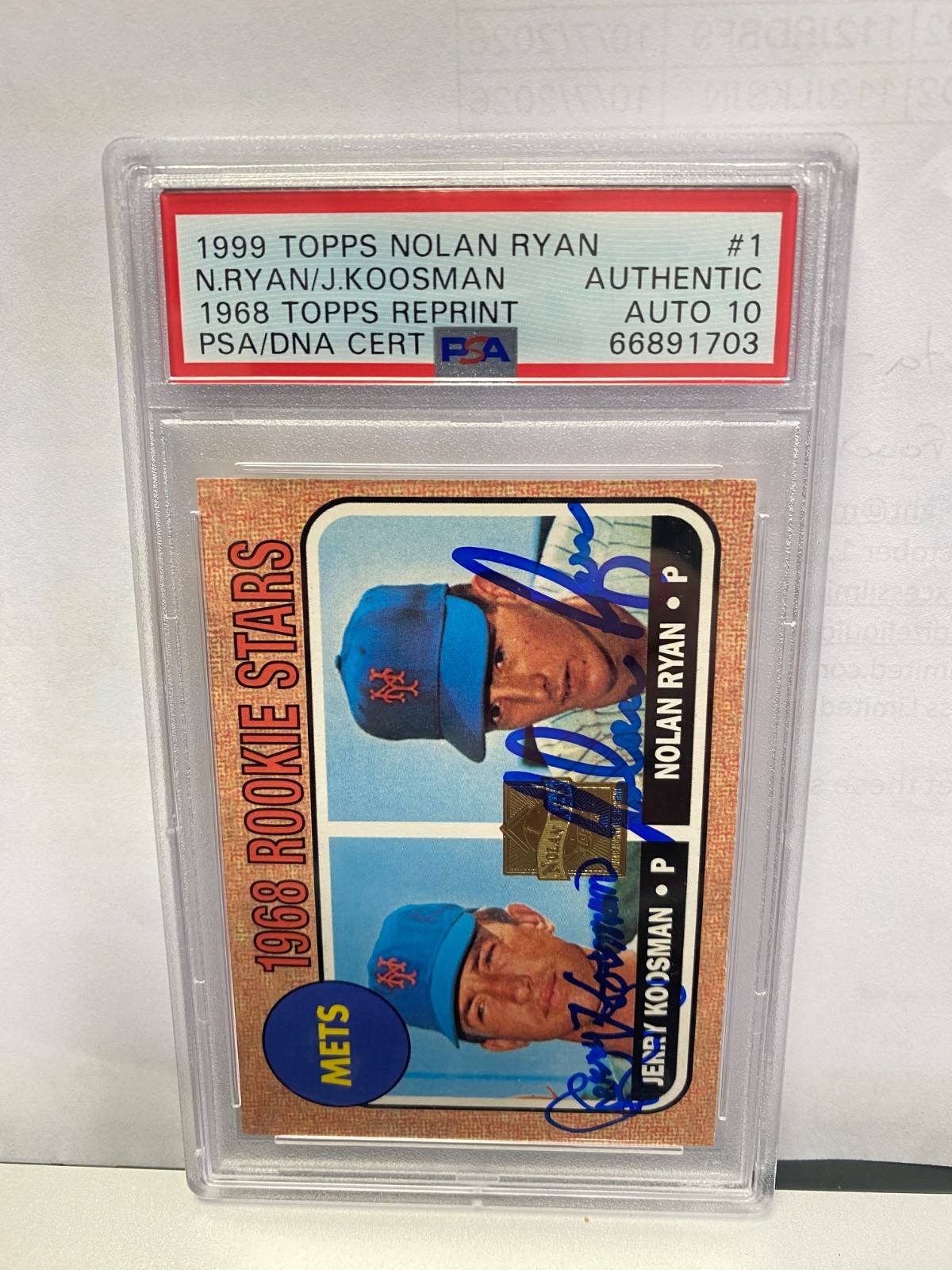 NOLAN RYAN & JERRY KOOSMAN Signed 1999 Topps NR 1968 Rookie Card #1 PSA 10 Auto view 1