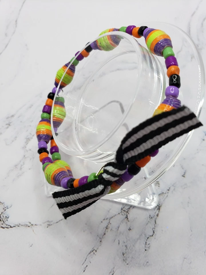 Halloween Memory Wire Bracelet With Handpainted Paper Beads For Large Wrist - Image 2 of 4