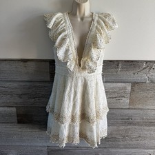 Farm Rio Eyelet Patch Beaded Women's Dress Size Small Off White V Neck Mini $365