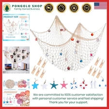 New 79 x 59 inch Nature Fish Net Wall Decoration with Sea Shells and 10