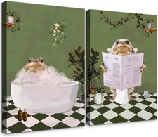 Funny Frog Bathroom Wall Art - 2Pcs Eclectic Canvas Prints for Toilet Decor