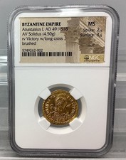 Byzantine Empire AV Solidus Victory Long Cross 491-518 AD - NGC - MS 2/5 3/5