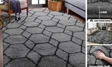  Tapis d'Espace pour Chambre Salon, Tapis 4x6 Moelleux Gris et Noir, Shaggy 