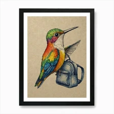 Hummingbird With Backpack 3 Art Pri Framed Wall Art Poster Canvas Print Picture